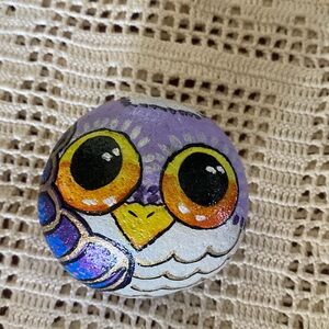 Colorful Hand Painted Owl on  Natural Rock